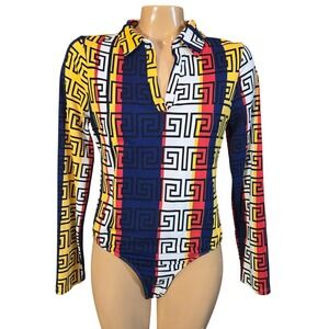 Ups & Downs Bold Geometric Print Long Sleeve Collared Bodysuit Women Size Large